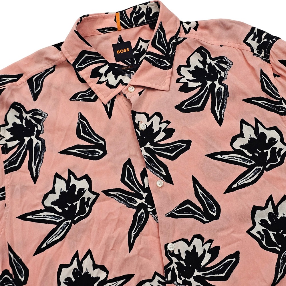 Hugo Boss Button Up Shirt Mens XXL Pink Black Floral Viscose Resort Hawaiian